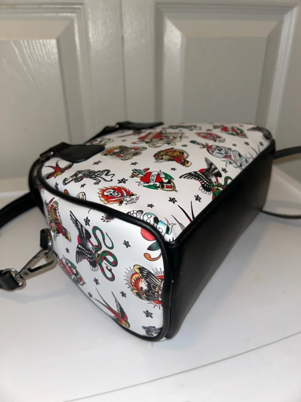NWT White Tattoo-Print Dome Satchel with Black Trim - Picture 6 of 9